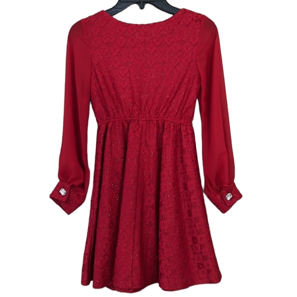 Bonnie Jean Girls Dress Size 7 Red Lace Fit & Flare Long Sheer Sleeves Holiday - Picture 2 of 7